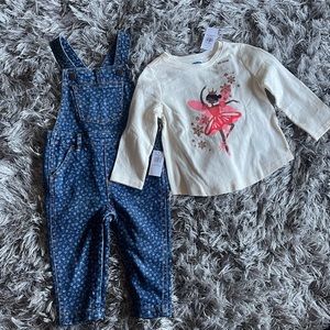 Old Navy Blue Jean Overalls and Shirt for Girls Size 18-24 months